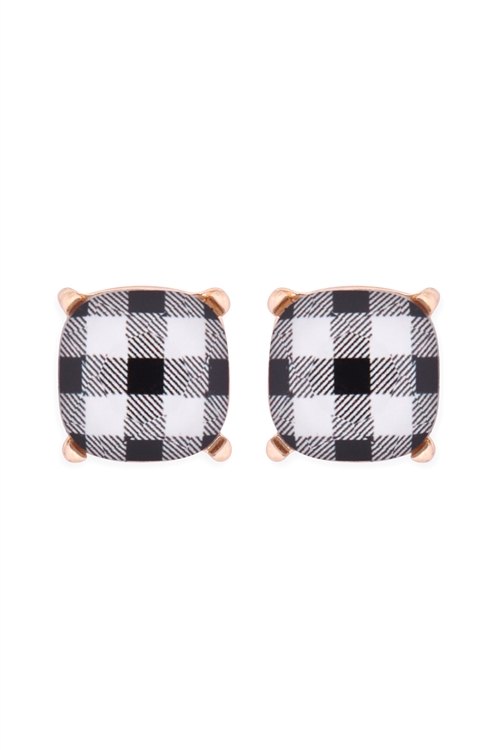 S17-10-4-AE0088GD-CK2-GLASS CUSHION POST EARRINGS-PLAID BLACK/1PC