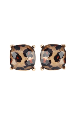 S20-9-2-AE0088GD-LEO - GLASS CUSHION POST EARRINGS - GOLD LEOPARD/1PC