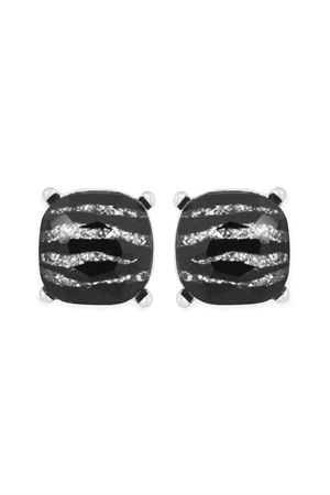 S20-9-2-AE0088RD-GZEB SILVER GLITTERED ZEBRA GLASS CUSHION POST EARRINGS/1PC