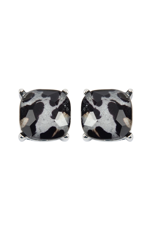 A1-1-2-AE0088RD-LEO - GLASS CUSHION POST EARRINGS - SILVER LEOPARD/1PC