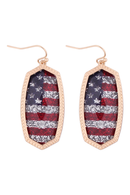 S7-5-5-AE0293GD-GRNB - OVAL AMERICAN FLAG GLITTERED  DROP HOOK EARRINGS - USA GOLD/1PC