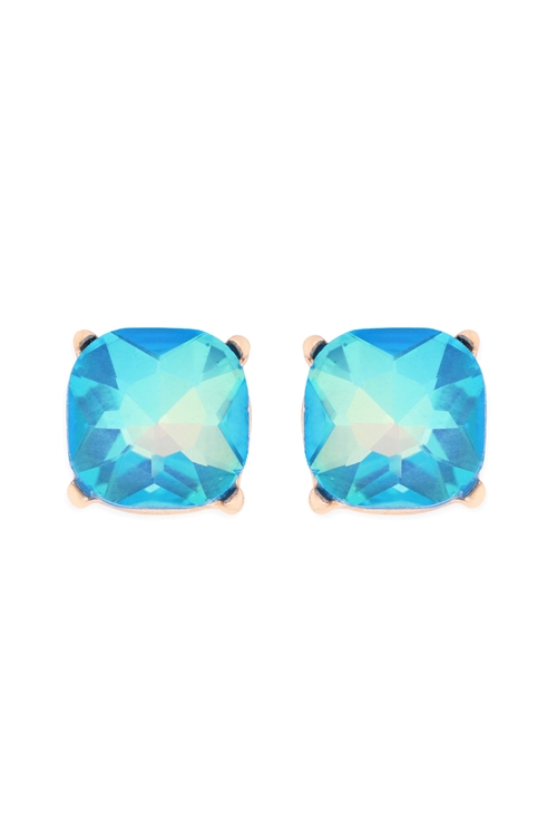 S1-3-1-AE0325BLUAB - GLASS STONE CUSHION CUT POST EARRINGS-BLUE/1PC