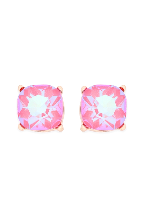 S24-1-4-AE0325PNKAB - GLASS STONE CUSHION CUT POST EARRINGS-PINK/1PC