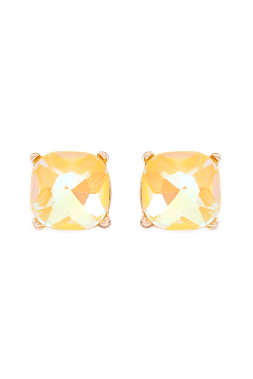 S1-3-1-AE0325YELAB - GLASS STONE CUSHION CUT POST EARRINGS-YELLOW/1PC