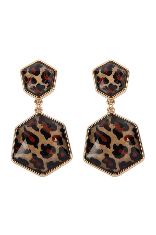 S22-11-5-AE0329GD-LEO - GOLD LEOPARD HEXAGON POST DANGLE EARRINGS/6PAIRS