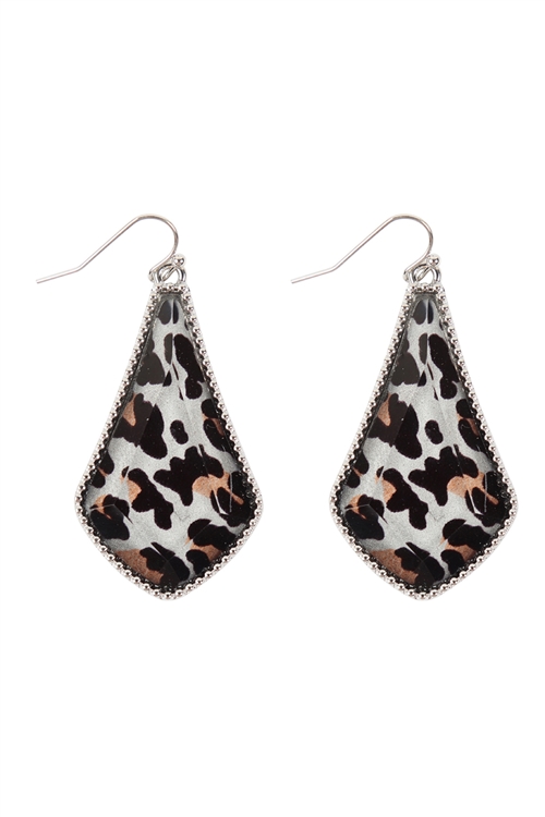 S22-11-5-AE0330RD-LEO - SILVER LEOPARD EPOXY DROP FISH HOOK EARRINGS/6PAIRS