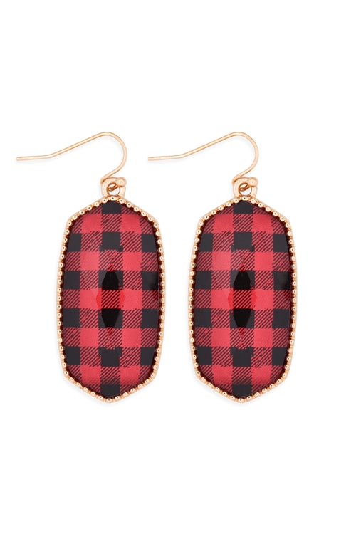 A1-2-5-AE0331GD-CK1-BUFFALO CHECKERD OVAL EPOXY DROP FISH HOOK EARRINGS-GOLD RED/1PC (NOW $1.50 ONLY!)