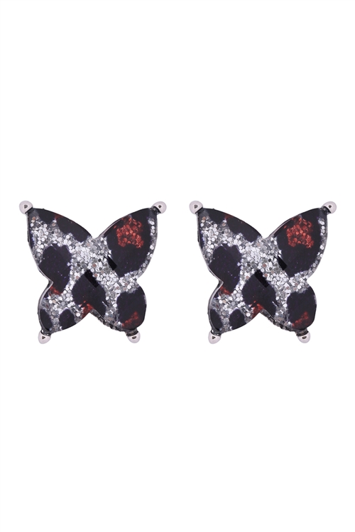 S1-5-4-AE0346RD-GLEO - BUTTERFLY GLITTER EPOXY EARRINGS - SILVER LEOPARD/1PC