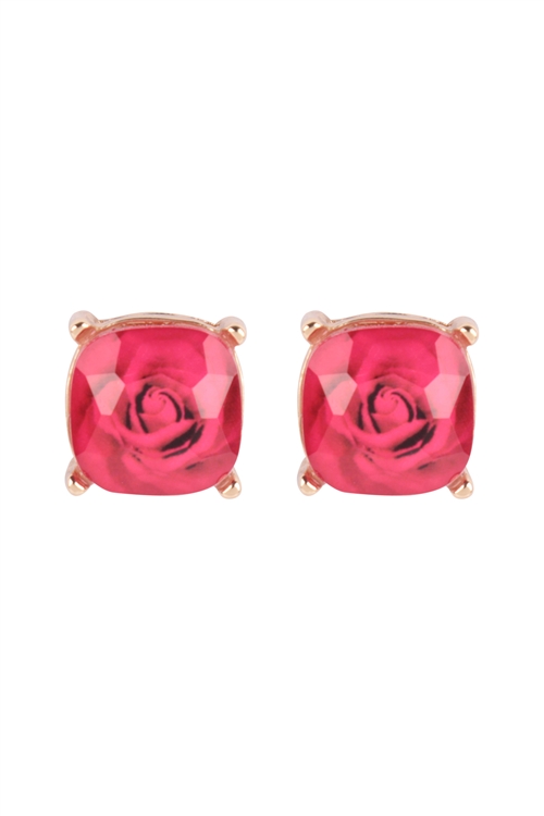 S5-4-3-AE0377FSH - ROSE EPOXY PRINT CUSHION CUT STUD EARRINGS - FUCHSIA/1PC