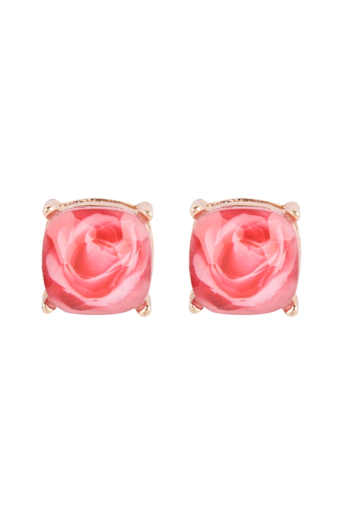 S5-4-3-AE0377LPK - ROSE EPOXY PRINT CUSHION CUT STUD EARRINGS - LIGHT PINK/1PC