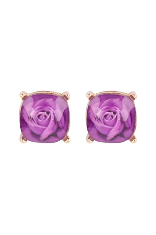 S5-4-3-AE0377PUR - ROSE EPOXY PRINT CUSHION CUT STUD EARRINGS - PURPLE/1PC