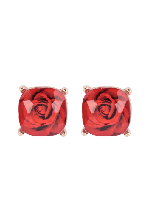 S5-4-3-AE0377RED - ROSE EPOXY PRINT CUSHION CUT STUD EARRINGS - RED/1PC