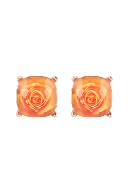 S5-4-3-AE0377YEL - ROSE EPOXY PRINT CUSHION CUT STUD EARRINGS - YELLOW/1PC