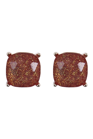 SA4-1-1-AE0384BGD - CUSHION CUT GLITTER GLASS EPOXY POST EARRINGS-BURGUNDY/1PC