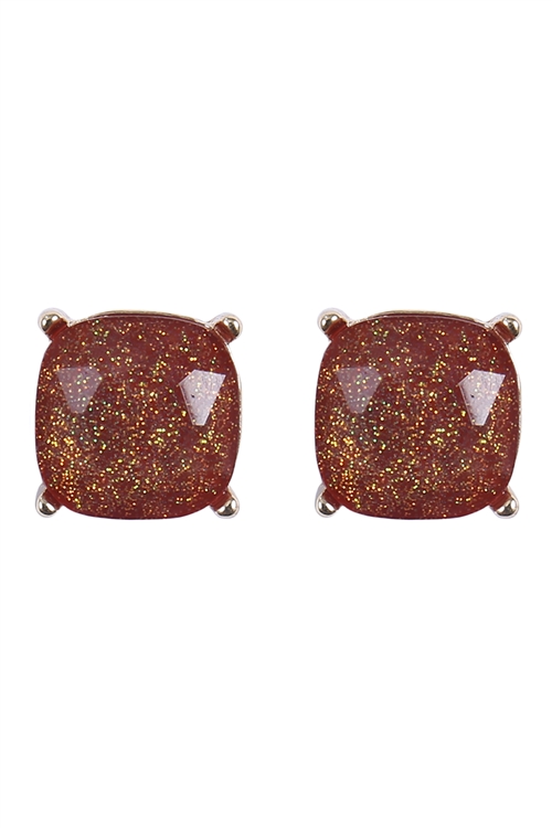 SA4-1-1-AE0384BGD - CUSHION CUT GLITTER GLASS EPOXY POST EARRINGS-BURGUNDY/1PC