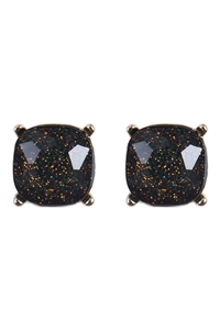 SA4-1-1-AE0384BK - CUSHION CUT GLITTER GLASS EPOXY POST EARRINGS-BLACK/1PC