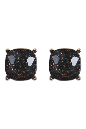 SA4-1-1-AE0384BK - CUSHION CUT GLITTER GLASS EPOXY POST EARRINGS-BLACK/1PC