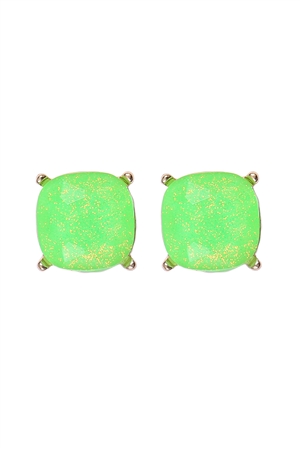 A1-1-5-AE0384NGN - CUSHION CUT GLITTER GLASS EPOXY POST EARRINGS-NEON GREEN/1PC