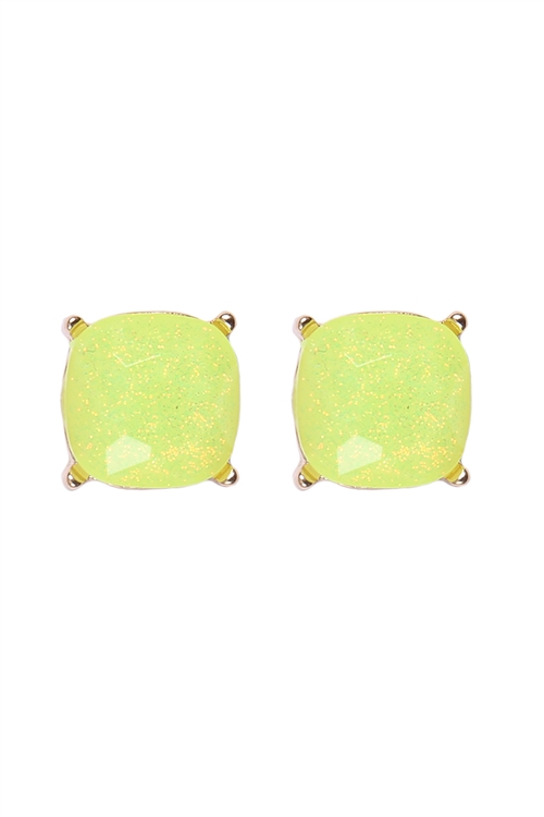 A1-1-5-AE0384NYL - CUSHION CUT GLITTER GLASS EPOXY POST EARRINGS-NEON YELLOW/1PC