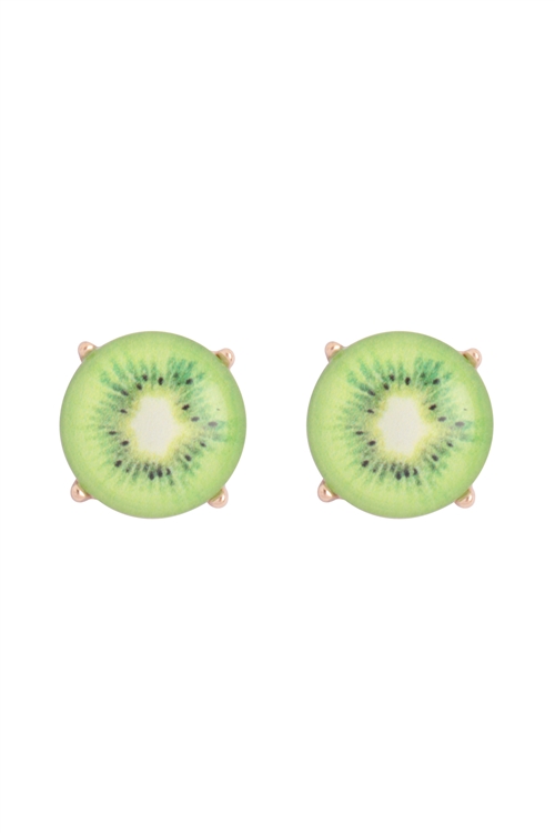 A1-2-2-AE0387GRN - KIWI PRINT EPOXY TROPICAL FRUITS STUD EARRINGS - GREEN/1PC