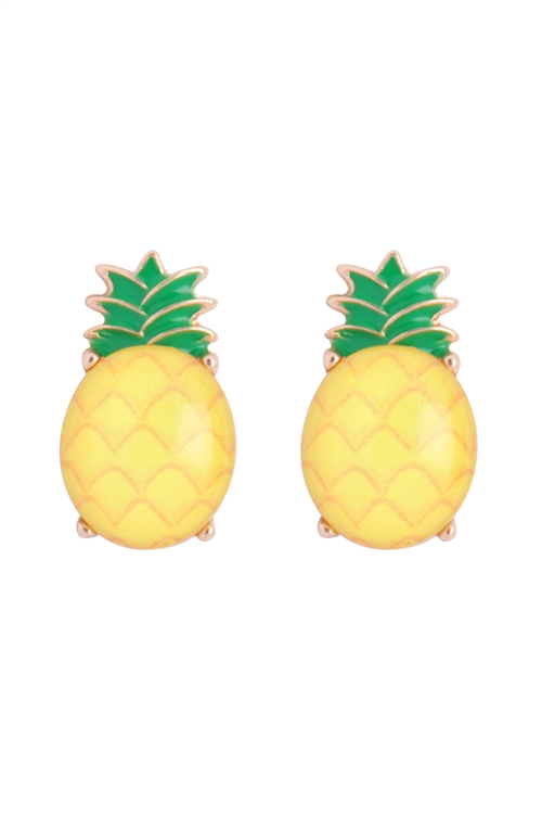 A1-2-2-AE0389YEL - PINEAPPLE PRINT EPOXY TROPICAL FRUITS STUD EARRINGS - YELLOW/1PC