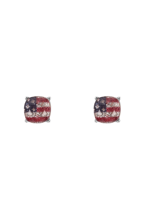 S1-6-3-AE0395RD-GRNB - CUSHION CUT GLASS STUD EARRINGS-SILVER  GLITTER USA/1PC (NOW $1.75 ONLY!)