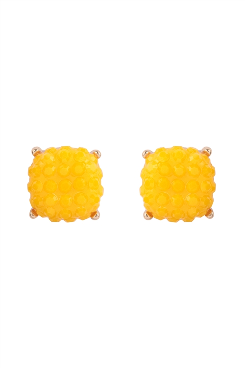 S20-10-5-AE0397YEL - ROUND CUSHION RHINESTONE STUD EARRINGS-YELLOW/1PC