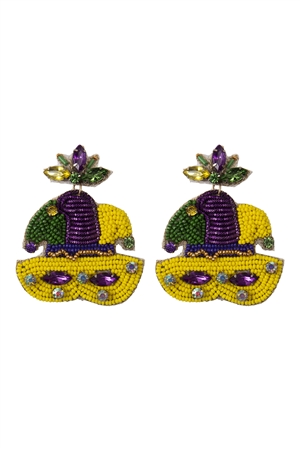 S6-5-4-AE1081MARDI - MARDI GRAS MASK SEED BEADS POST EARRINGS-MULTICOLOR/1PC