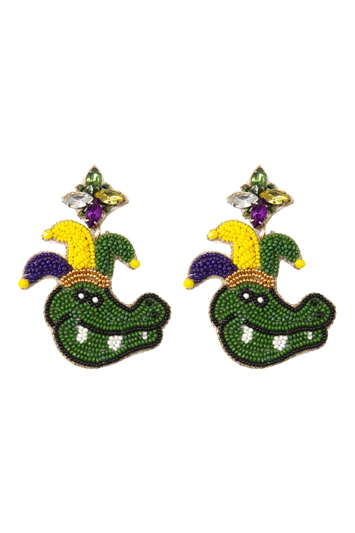 SA4-2-3-AE1085MARDI - MARDI GRAS CROCODILE SEED BEADS POST EARRINGS-MULTICOLOR/1PC