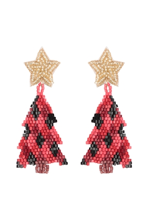 SA4-1-3-AE1630RED - CHRISTMAS TREE WITH STAR SEED BEAD DROP EARRINGS-RED/1PC