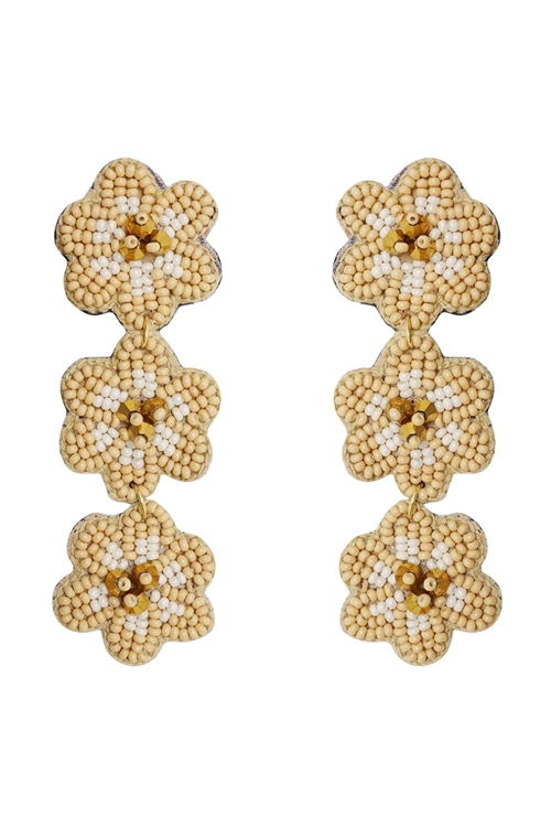 S1-1-4-AE3498-GIV - 3 FLOWER SEED BEAD PATTERN DROP POST EARRINGS - GOLD IVORY/3PCS