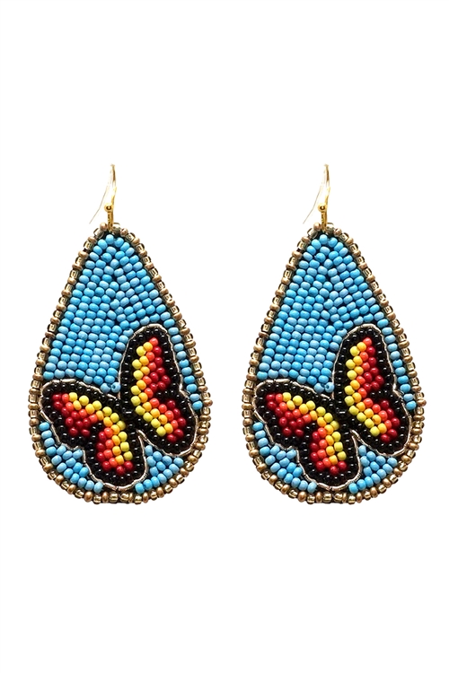 S6-4-2-AE3864-BLMT - GARDEN SEED BEAD PATTERN TEARDROP  EARRINGS - BLUE BUTTERFLY/1PC