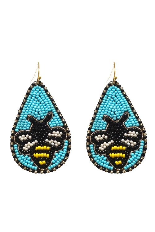 S6-4-2-AE3866-TQMT - GARDEN SEED BEAD PATTERN TEARDROP  EARRINGS - TURQUOISE BEE/1PC