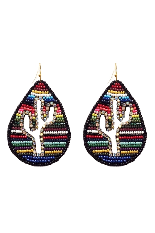 S7-4-2-AE3869-MT - WESTERN SEED BEAD CACTUS PATTERN TEARDROP  EARRINGS - MULTICOLOR/1PC