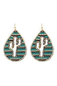 S7-4-2-AE3869-TQMT - WESTERN SEED BEAD CACTUS PATTERN TEARDROP  EARRINGS - TURQUOISE/1PC