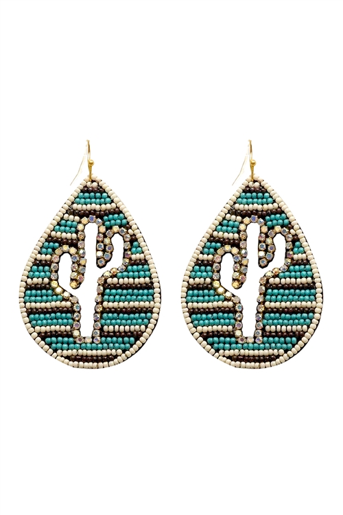 S7-4-2-AE3869-TQMT - WESTERN SEED BEAD CACTUS PATTERN TEARDROP  EARRINGS - TURQUOISE/1PC