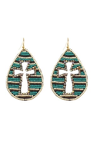 A1-2-4-AE3870-TQMT - WESTERN SEED BEAD CROSS PATTERN TEARDROP  EARRINGS - TURQUOISE/1PC