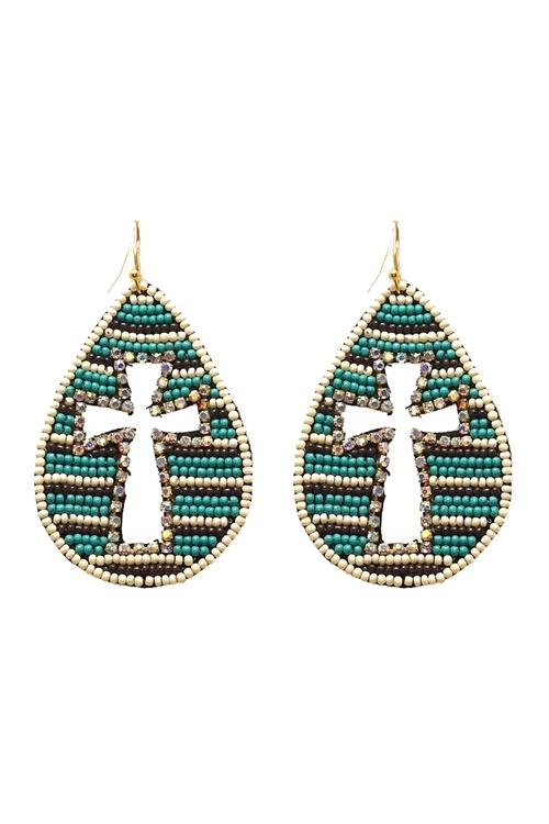 A1-2-4-AE3870-TQMT - WESTERN SEED BEAD CROSS PATTERN TEARDROP  EARRINGS - TURQUOISE/1PC