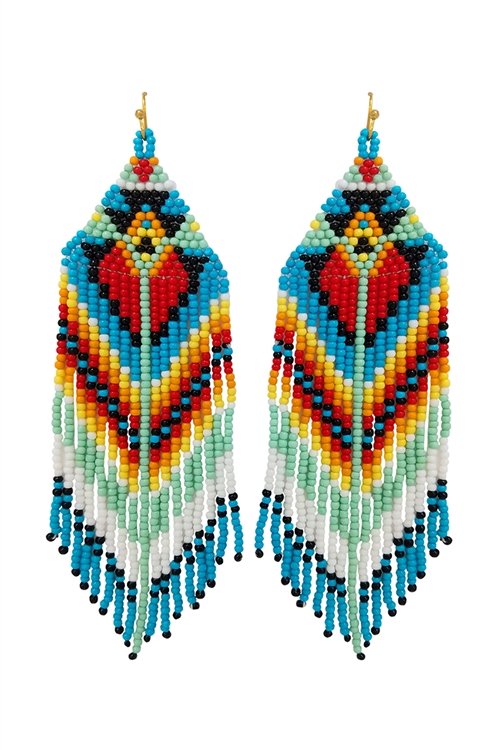 S1-6-4-AE4006-GTQ - WESTERN STYLE AZTEC SEED BEAD FRINGE DROP EARRINGS-TURQUOISE/1PC