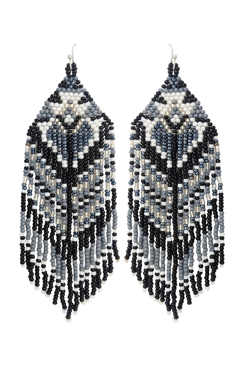 S1-6-4-AE4006-SBK - WESTERN STYLE AZTEC SEED BEAD FRINGE DROP EARRINGS-BLACK/1PC