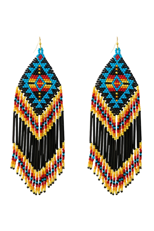 S6-4-2-AE4019-BKMT - WESTERN AZTEC BOHO GEOMETRIC SHAPE FRINGE SEED BEED EARRINGS-BLACK MULTI/1PC