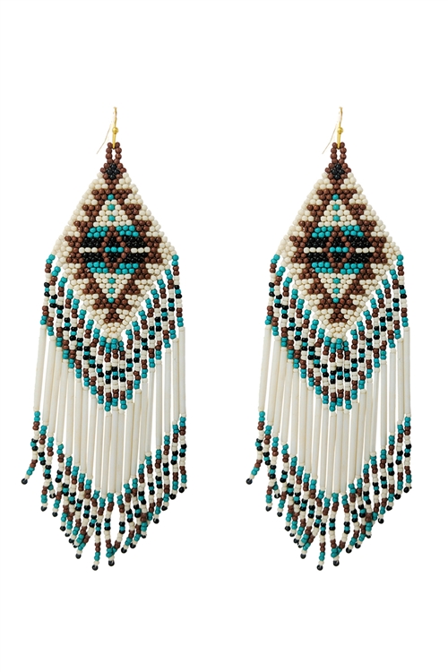 S6-4-2-AE4019-IVMT - WESTERN AZTEC BOHO GEOMETRIC SHAPE FRINGE SEED BEED EARRINGS-IVORY MULTI/1PC