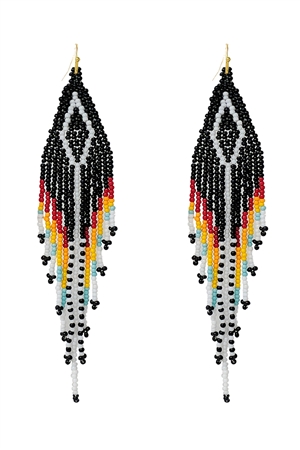 S24-5-4-AE4100-BKMT - WESTERN AZTEC BOHO DIAMOND SHAPE FRINGE SEED BEED EARRINGS-BLACK MULTI/1PC