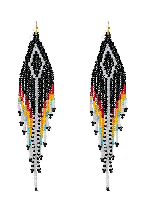 S6-4-2-AE4100-BKMT - WESTERN AZTEC BOHO DIAMOND SHAPE FRINGE SEED BEED EARRINGS-BLACK MULTI/1PC