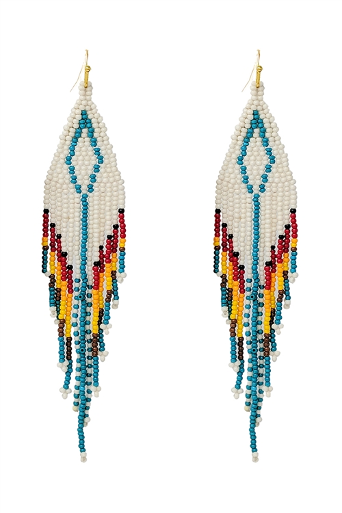 S6-4-2-AE4100-IVMT - WESTERN AZTEC BOHO DIAMOND SHAPE FRINGE SEED BEED EARRINGS-IVORY MULTI/1PC