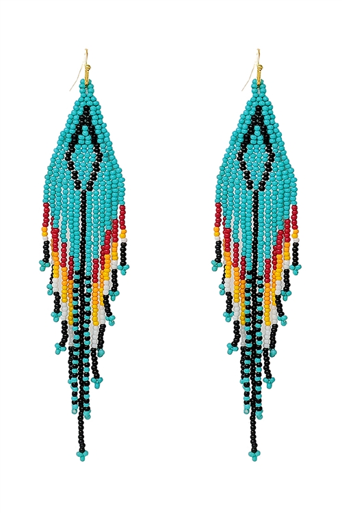 SA4-2-3-AE4100-TQMT - WESTERN AZTEC BOHO DIAMOND SHAPE FRINGE SEED BEED EARRINGS-TURQUOISE  MULTI/1PC