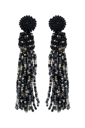 SA4-2-3-AE4167-BKMT - TASSEL FRINGE SEED BEAD DROP POST EARRINGS-BLACK/1PC