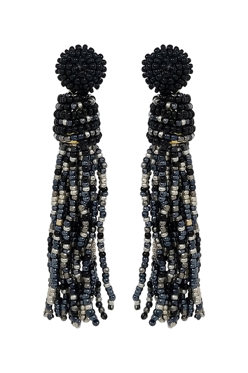 SA4-2-3-AE4167-BKMT - TASSEL FRINGE SEED BEAD DROP POST EARRINGS-BLACK/1PC