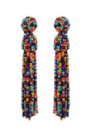 SA4-2-3-AE4167-MT - TASSEL FRINGE SEED BEAD DROP POST EARRINGS-MULTICOLOR/1PC