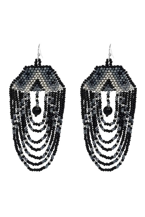 S5-6-2-AE4168-BKMT - BOHO MULTI LAYERED CHANDELIER SEED BEED EARRINGS-BLACK MULTI/1PC